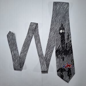 Tie Rack Ltd Necktie Mens Gray UK London England Graphic 100% Silk Souvenir